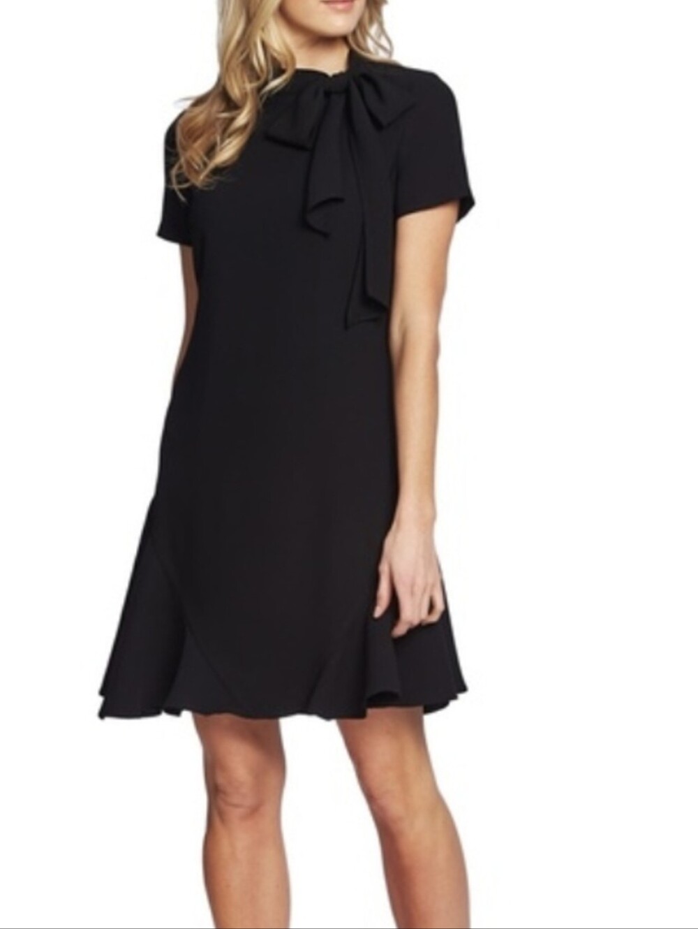 CeCe Black Short-Sleeve Tie-Neck A-Line Dress